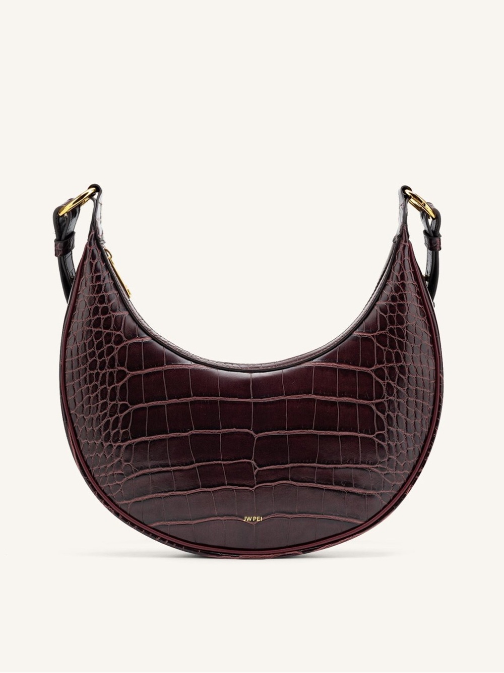 JW PEI Crescent Croc-Embossed Shoulder Bag in Deep Burgundy with Gold Hardware